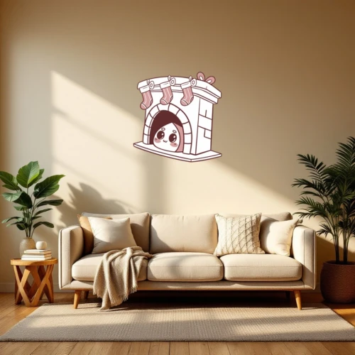 Cute Fireplace With Hanging Stockings Wall Decal