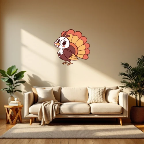 Cute Cartoon Turkey With Colorful Feathers Wall Decal